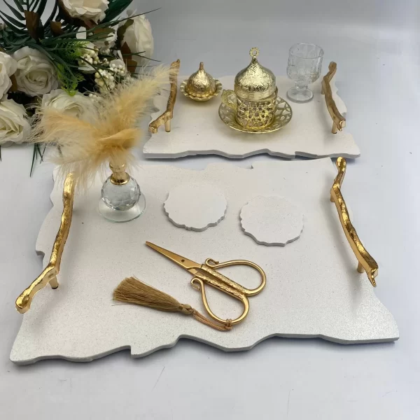 Sade Beyaz Polyester Söz Nişan Tepsi Takımı - Altın