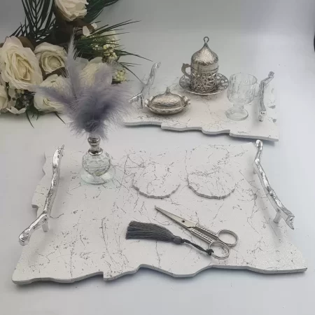 Mermer Desenli Söz Nişan Tepsi Takımı - Gümüş