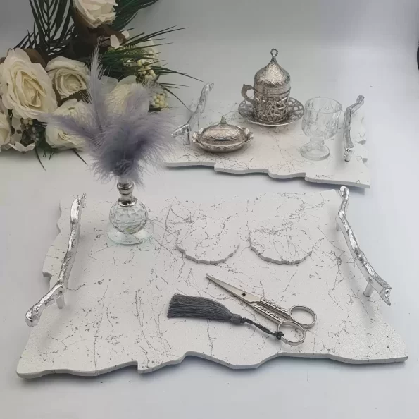 Mermer Desenli Söz Nişan Tepsi Takımı - Gümüş