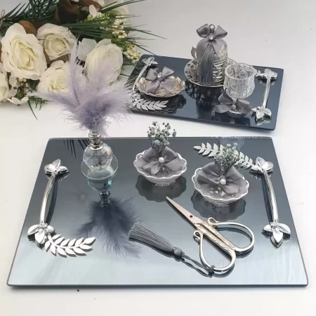 Yaprak Desenli Söz Nişan Tepsi Takımı - Gümüş