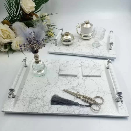Mermer Desenli Söz Nişan Tepsi Takımı - Gümüş