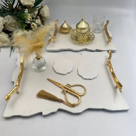 Sade Beyaz Polyester Söz Nişan Tepsi Takımı - Altın
