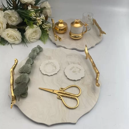 Mermer Desenli Söz Nişan Tepsi Takımı - Gold