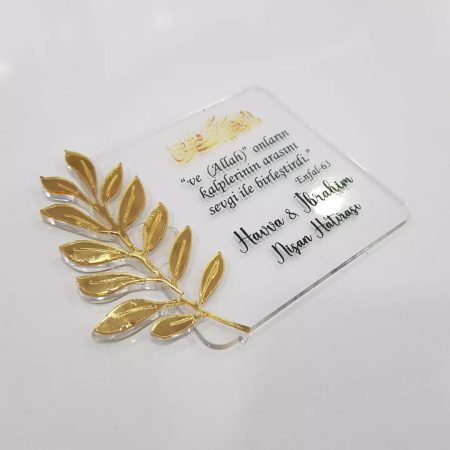 Pleksi Şeffaf Gold Yapraklı Nikah Şekeri