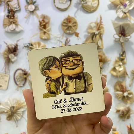 Yukarı Bak Temalı Uv Baskılı Ahşap Nikah Şekeri