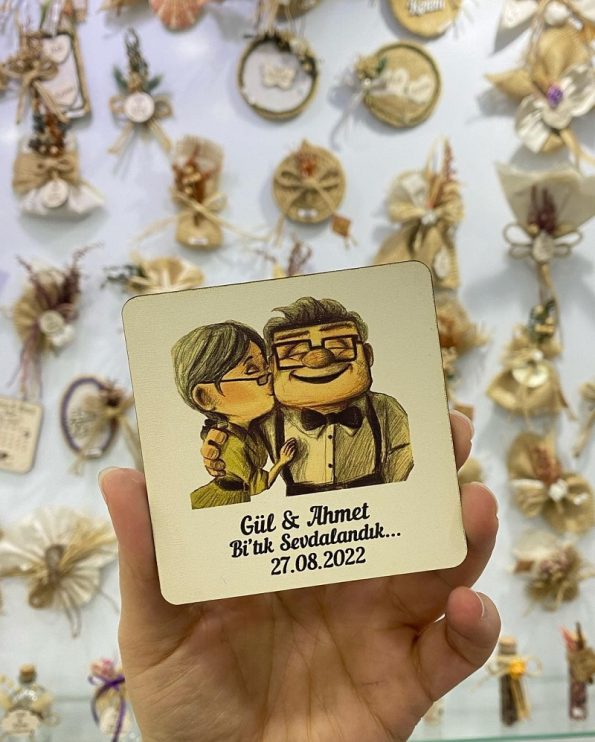 Yukarı Bak Temalı Uv Baskılı Ahşap Nikah Şekeri