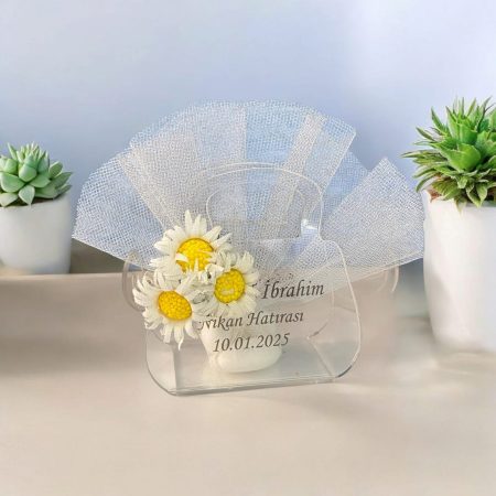 Pleksi Çantalı Nikah Şekeri - Papatya